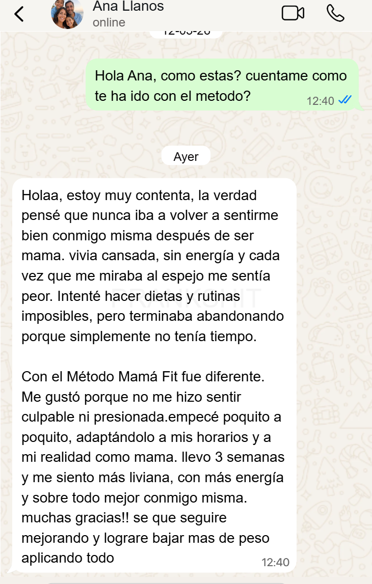 Testimonio por WhatsApp de Ana Llanos sobre el Método M.A.M.A Fit